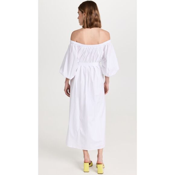 STAUD Women's White Reese Belted Off The Shoulder Poplin Midi Dress Small NWOT - Picture 2 of 13